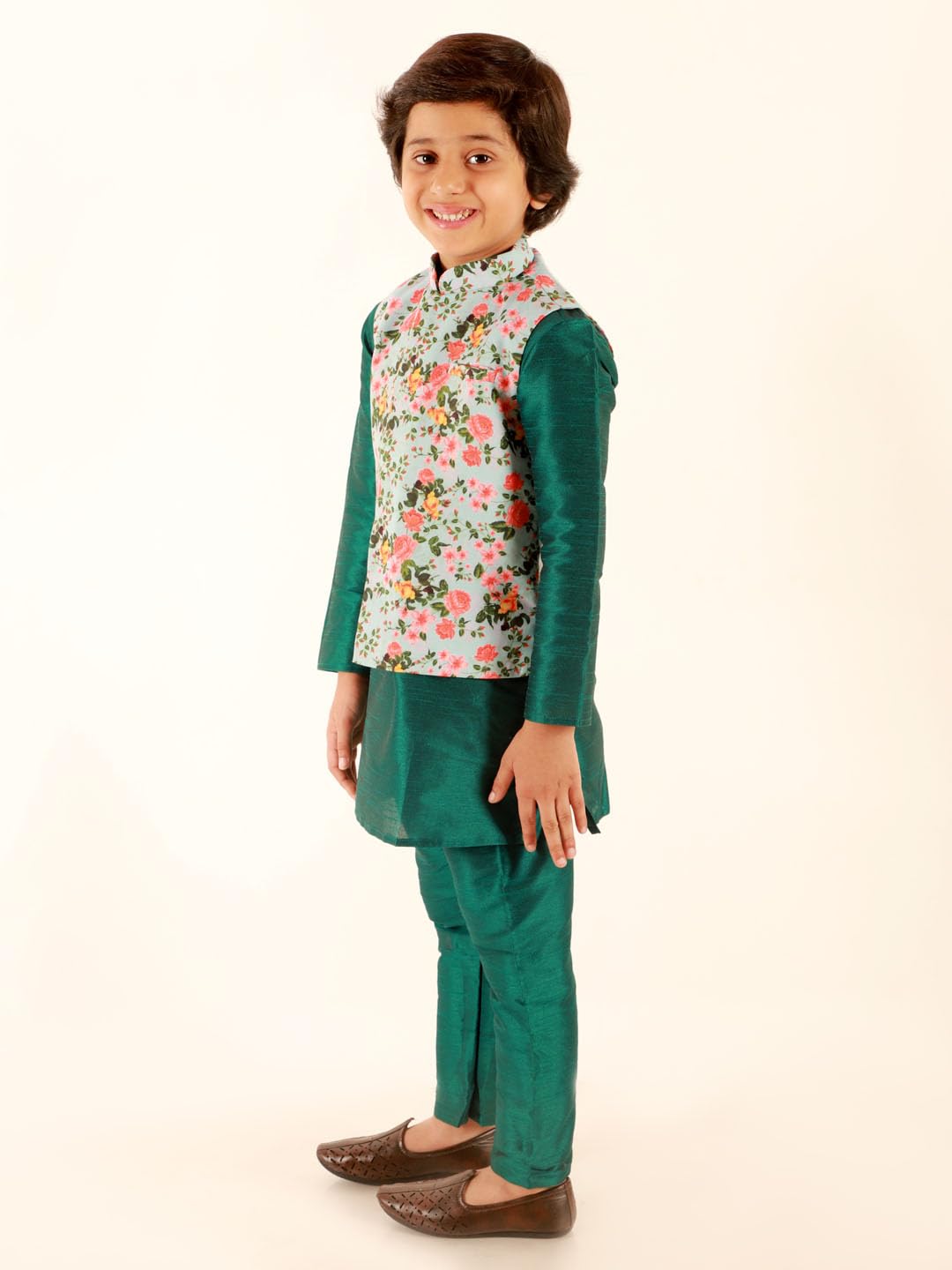 Jbn Creation Boys Silk Blend Green Dupian Silk Kurta, Pyjama And Floral Printed Nehru Jacket Set (B693)