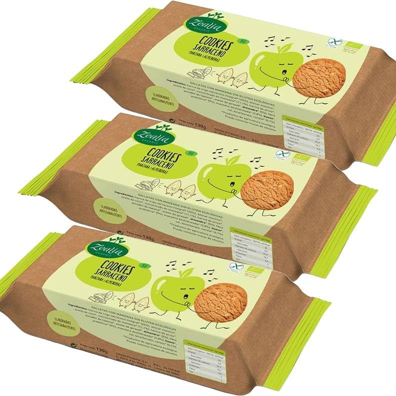 Pack 3x Cookies de Sarraceno con Manzana y Almendras Bio 130g | Zealia | Galletas Ecológicas Sin Gluten | Apto para Celiacos