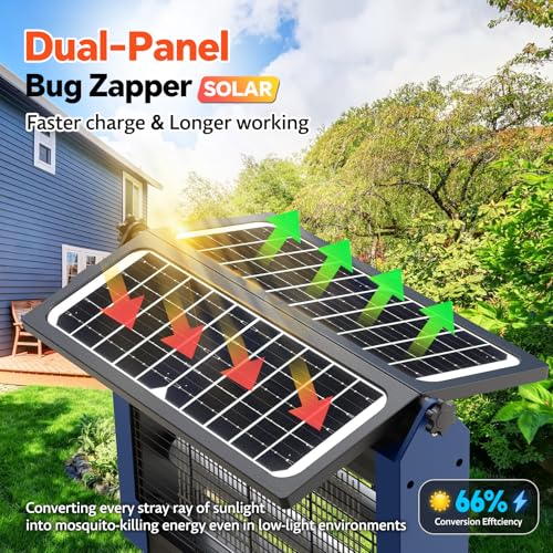 Image of Solar Bug Zapper with Dual Panels, 4500V Waterproof Mosquito Zapper Outdoor | IPX5 Waterproof, Auto /Off, Solar Power, USB C Charging, Attract All Types Of Flying Insects, Easy to Maintain, Backyard Ideal