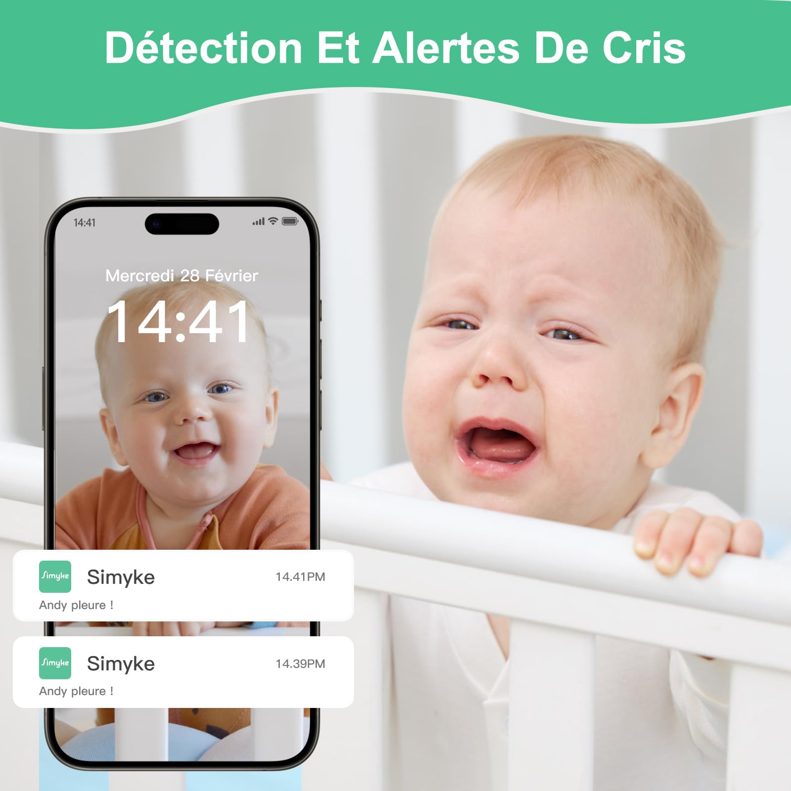 Simyke Babyphone, Caméra Bébé WiFi 1080p, contrôle app, Vision Nocturne, Notifications en Temps réel, Lecture vidéo avec Stockage Cloud ou Carte SD, Capture Automatique et Alerte de sécurité