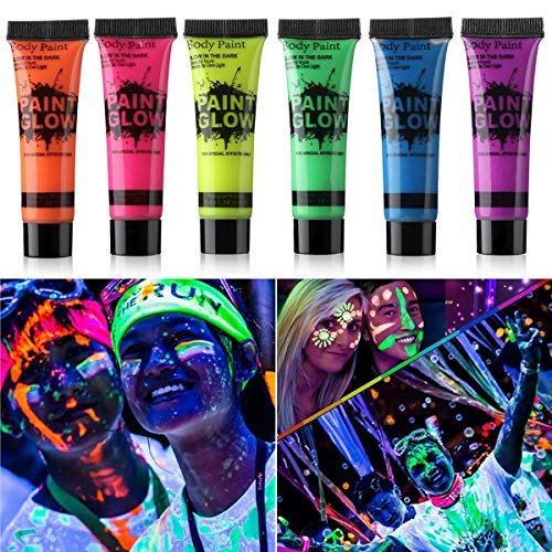 Amareu Glow in Dark Body Paint Body&Face Glow Backlight Neon Fluorescent 0.34oz Set of 6 Tubes