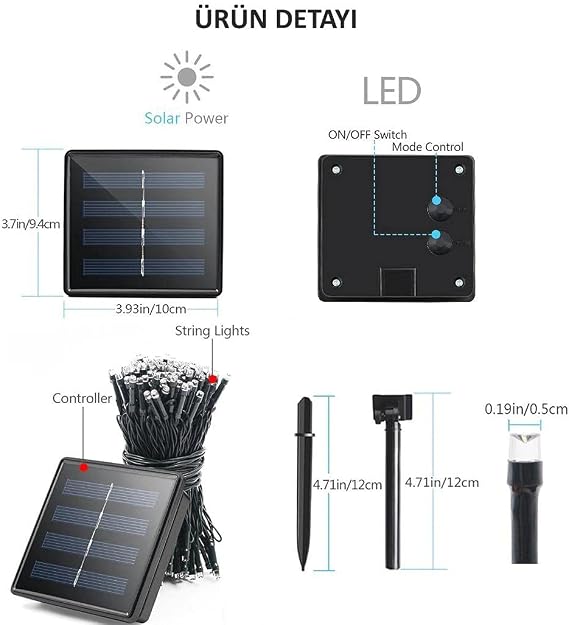 TechnoSmart Solar 100 Ledli 12 Metre Bahçe Aydınlatma Dekorasyon Güneş Enerjili Led Sarı Işık