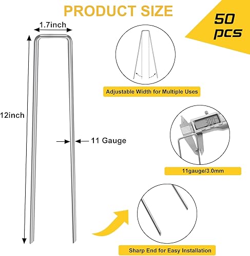 Miniatura 2 de CEWOR Paquete de 50 grapas para paisaje, estacas de calibre 11 de 12 pulgadas, estacas de jardín galvanizadas, grapas de paisajismo y pasadores SOD,