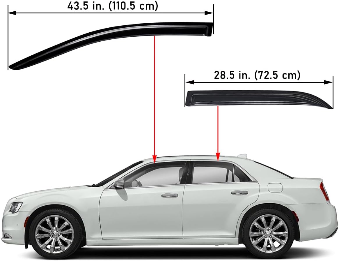 Lightronic Extra Durable Outside-Mount Auto Vent Window Visor, Fits 2011-2023 Chrysler 300, UV Protection Rain Guard, Original Wind Deflector, No-Drill Easy Install, Dark Smoke, 4-Pcs Outside Mount