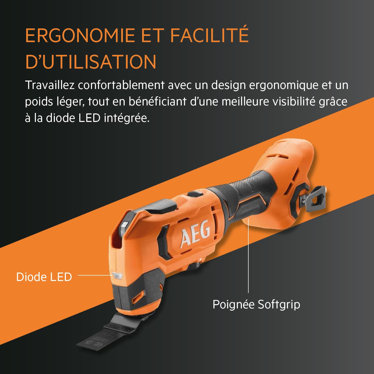 AEG - Outil Multifonction Multitool - Sans Fil - Découpe de Matière, Ponçage, Polissage, Sciage, Fraisage, Décapage, Raclage - 6 Vitesses - Poignée Softgrip - Batterie Pro18V - BMT18-0
