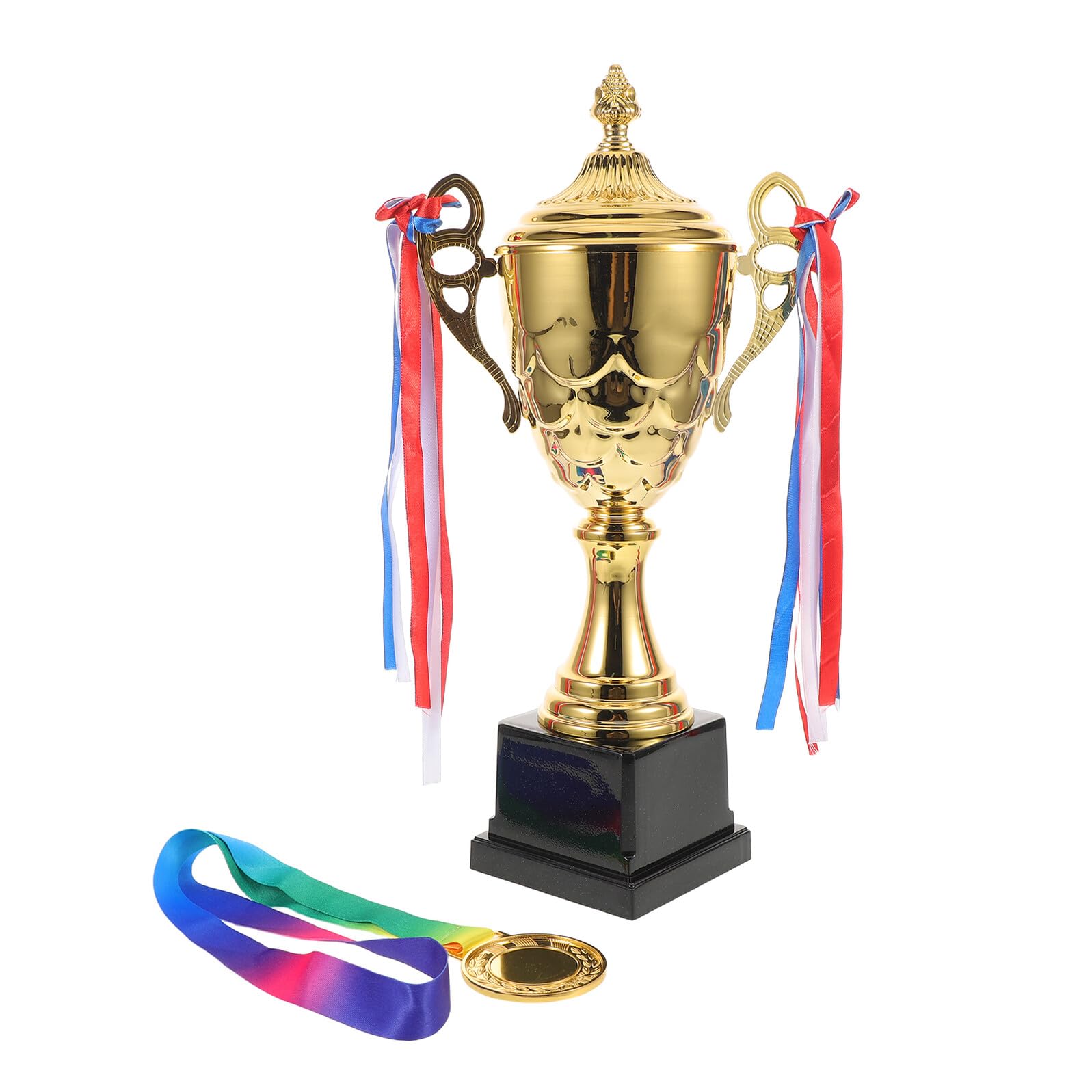 ORFOFE Juego de Trofeo Deportivo de Oro 42 Cm con Medalla de Premio y Cinta para Competición, Copa de Trofeo y Medalla de Ganadores para Eventos Deportivos y Ceremonias de Premiación
