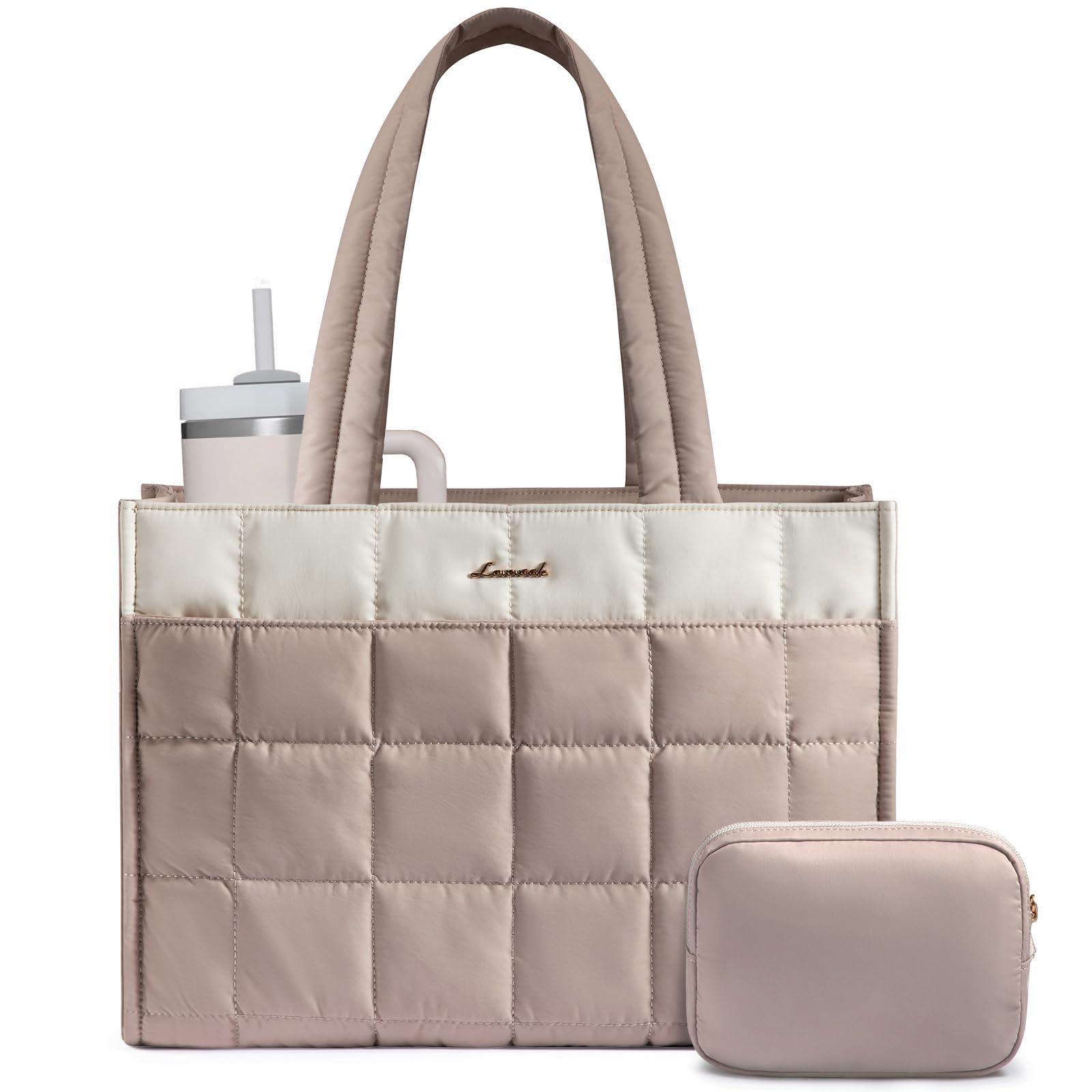 LOVEVOOK Tote Bag for Women, Puffer Work Handbag 15.6 Inch Laptop Purse for Nurse Teacher, Large Quilted Travel Tote Shoulder Bag with Zipper for College Office Clinical Gym,‌ Cream-Blush