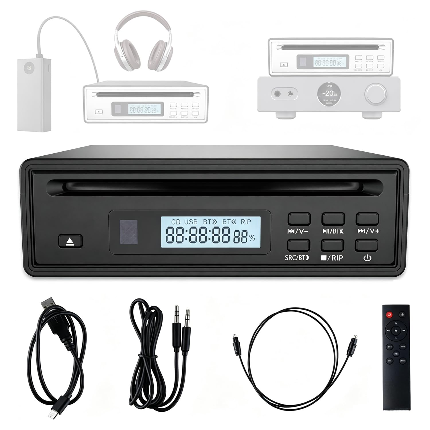 Lettore CD HiFi per La Casa, Ripper CD, Lettore CD Bluetooth per Auto, con Uscite Ottiche E Aux, Trasmettitore/Ricevitore Bluetooth, Lettore Esterno Ad Alta fedeltà per Black