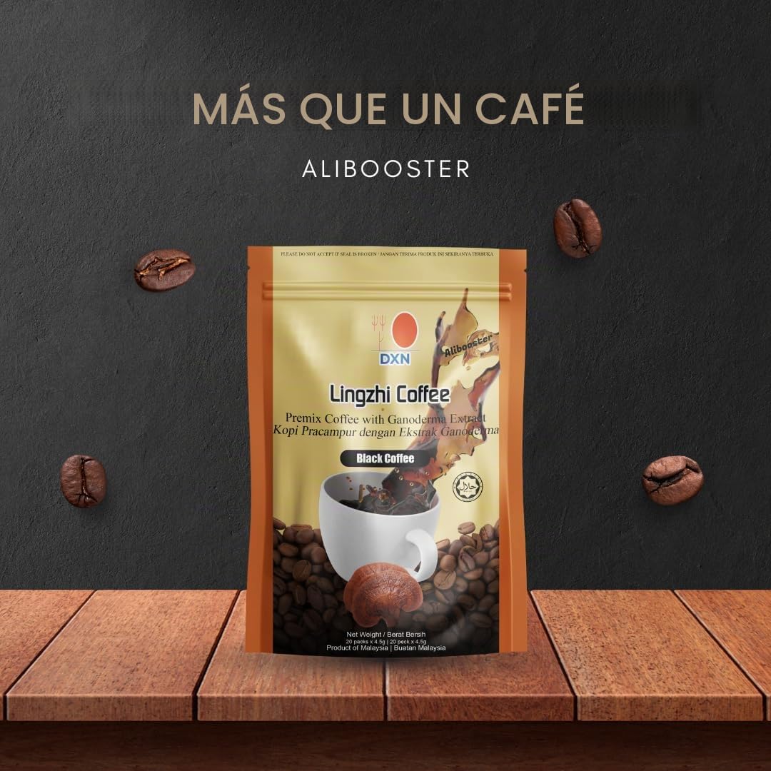 ALIBOOSTER DXN - Café negro Lingzhi 3 en 1 - Original Ganoderma - 20 sobres x 4,5 gramos