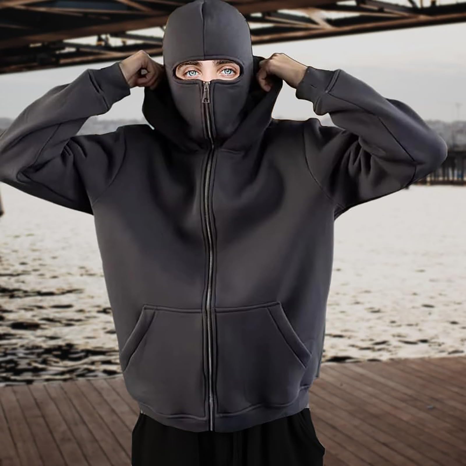Tuta da Uomo Con Caldo Maschera Felpa Con Cappuccio Con Cerniera E Pantaloni, grigio, TG | Tuta Uomo Set Baggy Inverno Felpe Con Cappuccio Y2K Zip E Pantaloni Di Protezione Antivento Moto Set Lavoro
