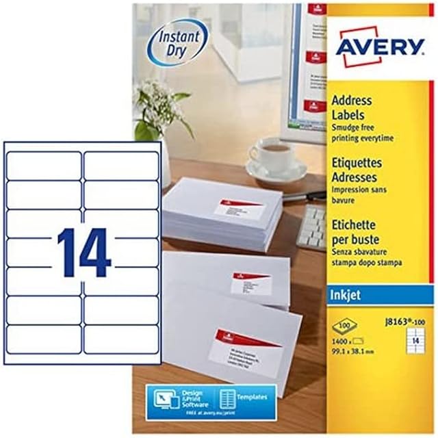 Avery Self Adhesive Address Mailing Labels, Inkjet Printers, 14 Labels Per A4 Sheet, 1400 labels, QuickDRY (J8163), White, 100 Sheets