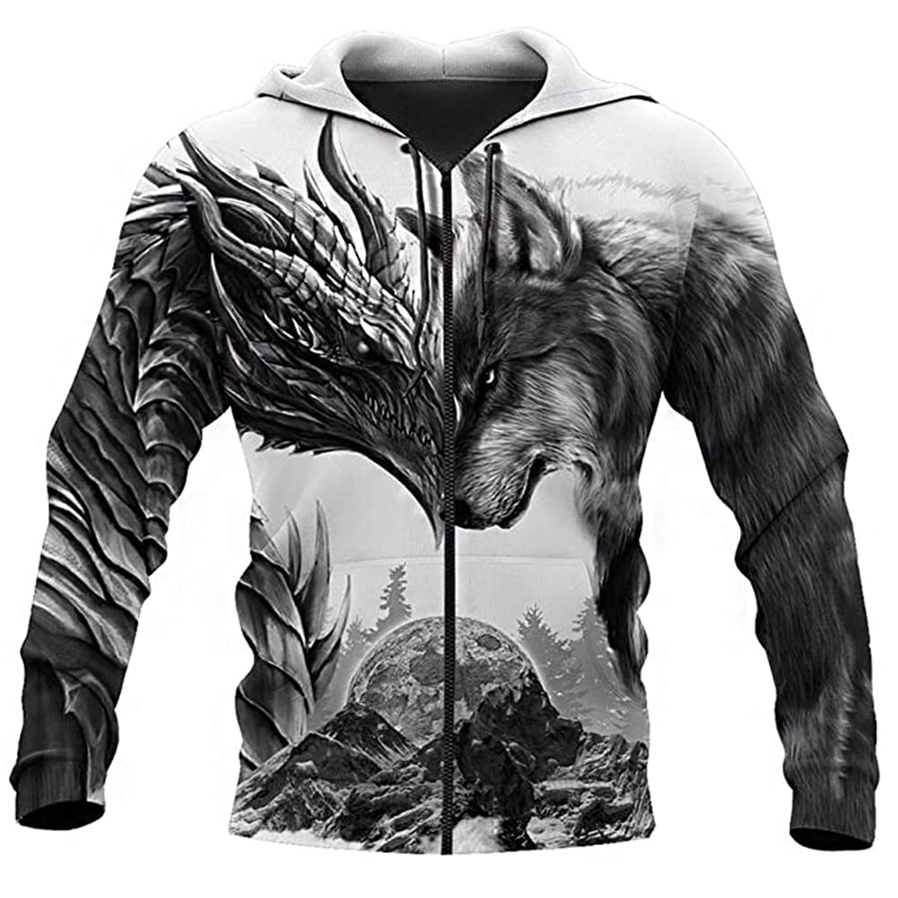 YOROOW Viking Fenrir Wolf and Dragon Tattoo Men's Hoodie Casual Long Sleeve Sweatshirt 3D Printing Nordic Mythology Fashion Couple Jacket,Hoodie Zip,6XL