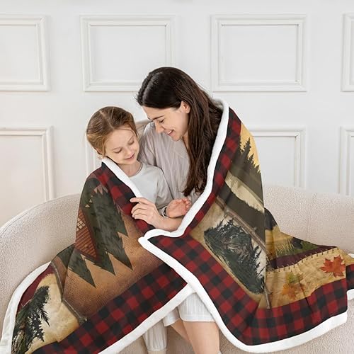 Miniatura 4 de Bear Cabin - Manta de vellón a cuadros tamaño Queen, manta de vellón rústica de granja, manta retro de ciervos de caza, manta mullida de pino y
