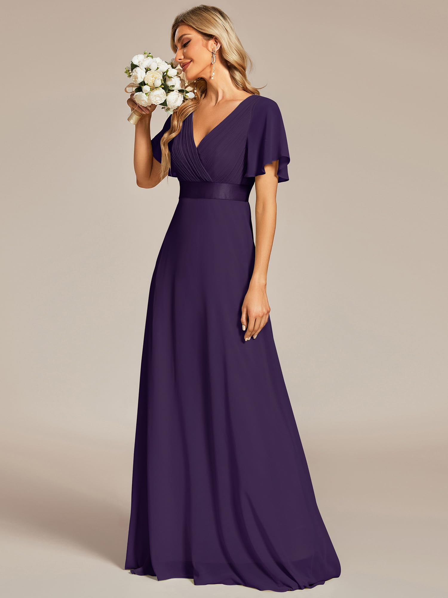 Ever-Pretty Damen Abendkleid Brautjungfer A-Linie Chiffon V Ausschnitt Bodenlang EP09890