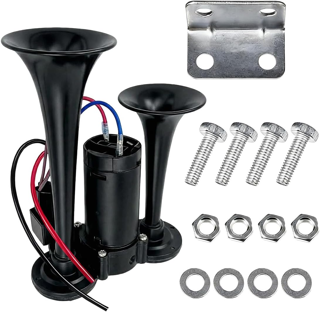 12V 130DB Dual Trumpet Air Horn Kit with Compressor, Loud Dual Tube High/Low Air Horn Kit, Auto Modification Accessories for Cars, Boats, Trucks, SUV (Silver)