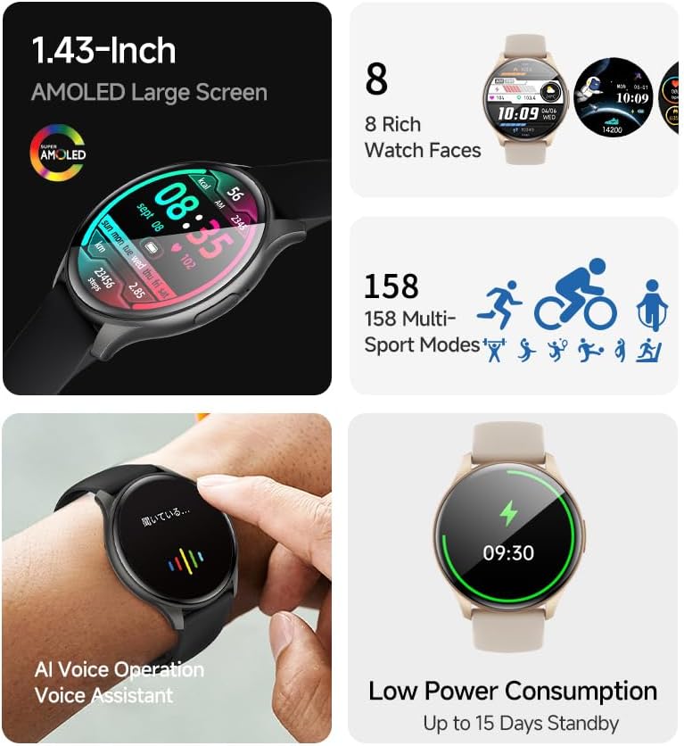SLuB ZW60 Smartwatch displaying a digital watch face with time, date, and health metrics, alongside icons for sports modes, watch faces, and AI voice assistant.