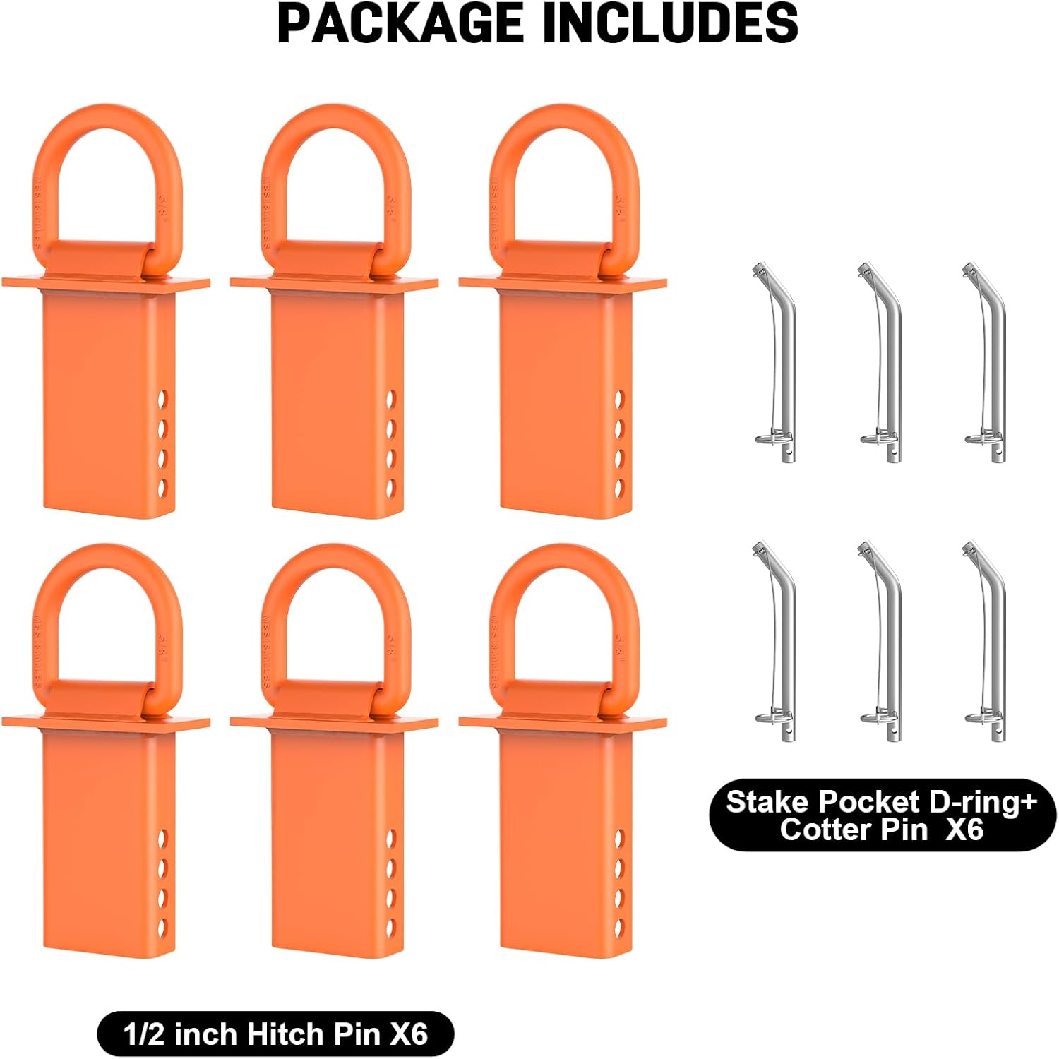 5/8” Stake Pocket Tie Down D Rings | Heavy Duty Trailer Tie Down Rings with Anti-Loss Pin | 6 PCS Adjustable Utility Trailer D Rings 18000 LBS Capacity for Flatbed Cargo Accessories | Orange