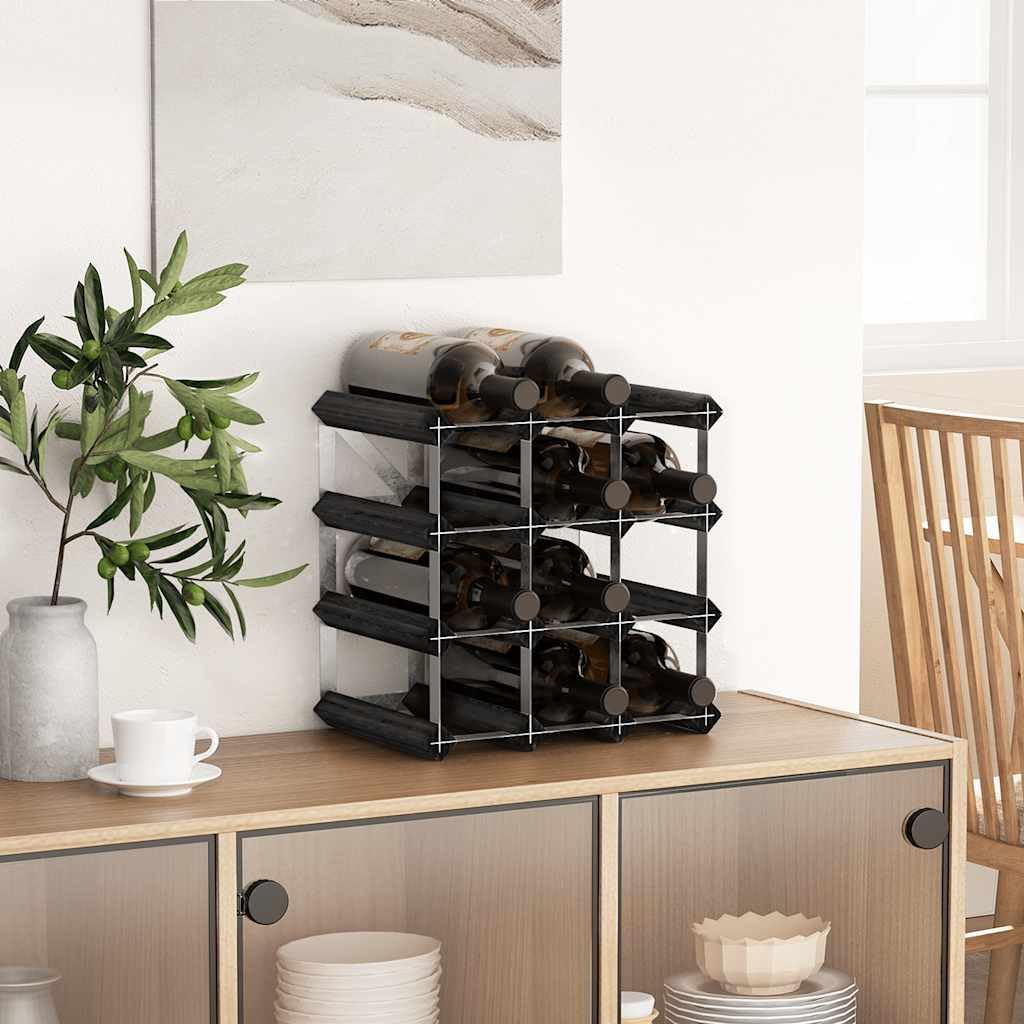 Weinregal für 12 Flaschen aus massivem Kiefernholz und verzinktem Stahl Schwarz, kompakt mit Wandhalterung, ideal für Küche, Esszimmer, Wohnzimmer, Keller