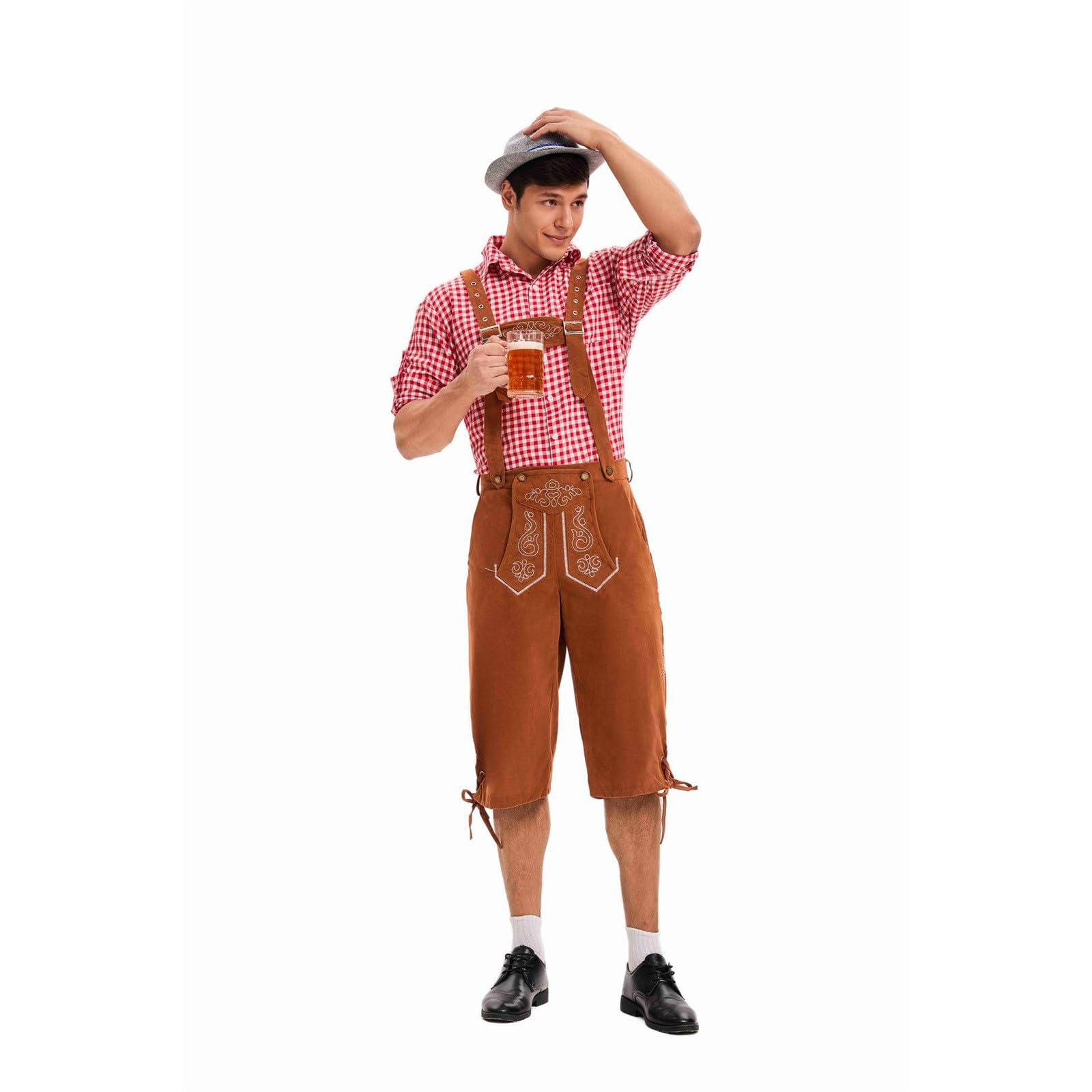 Lederhose Herren Set, Lederhosen Tracht Herren Trachtentrachtenlederhosen Kurz Trachtenhose Vintage Trachtenlederhose Oktoberfest Outfit Men Hose + Hemd + Mütze
