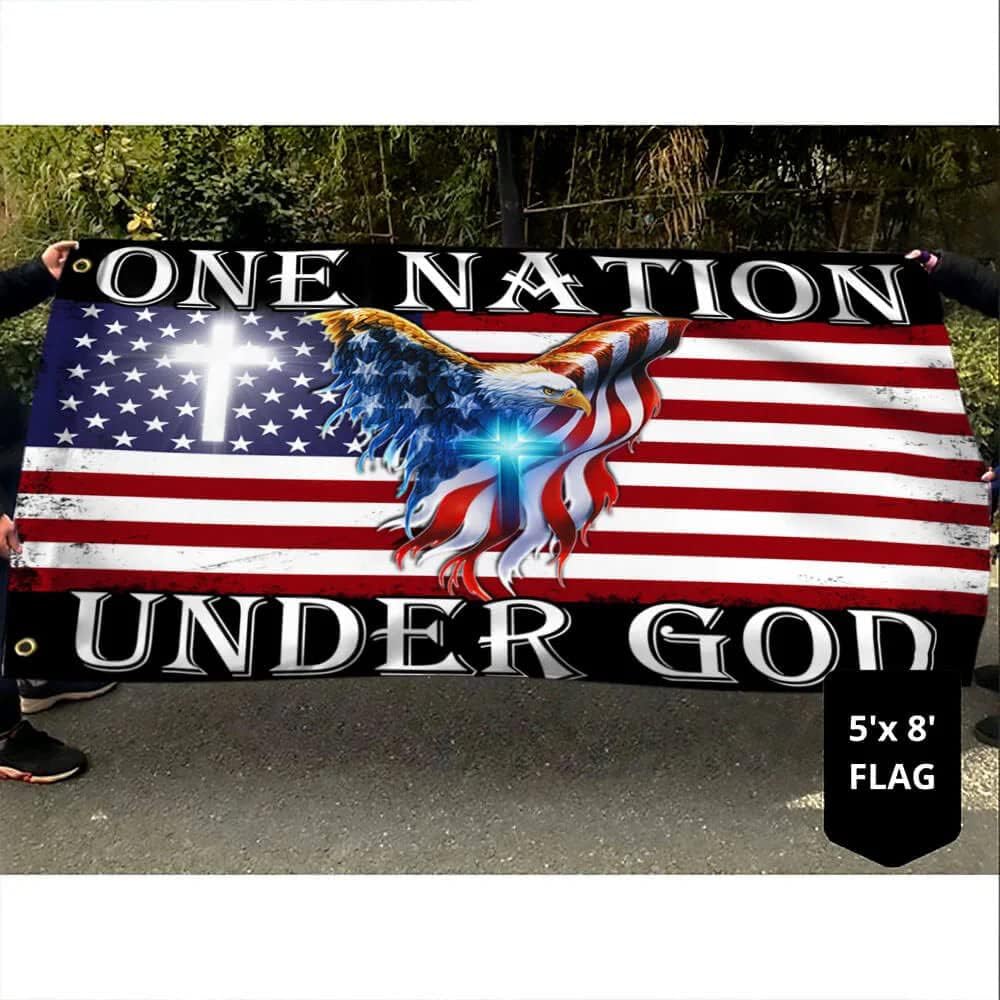 One Nation Under God American Eagle Grommet Flag Double Sided Christian Cross Jesus Indoor Outdoor Decoration Wall Garden Fall for He Never Leaves, 5x8'