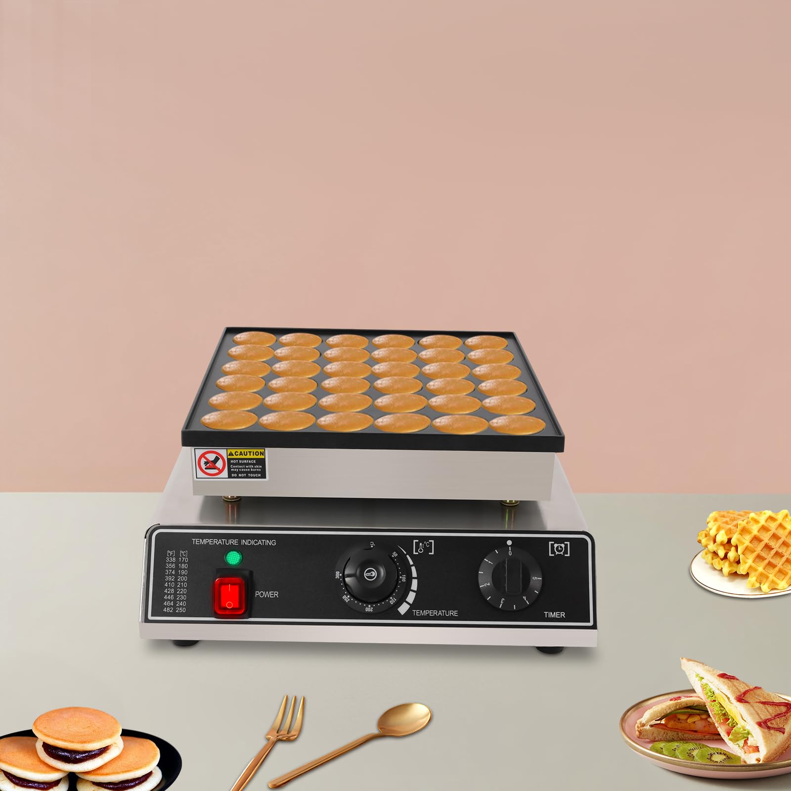 Mini tortitas holandesas de 36 agujeros, para hacer panqueques profesionales, redondos, acero inoxidable, antiadherente, 50 – 300 °C, 2 – 3 minutos, para panaderías, cafeterías, hogares