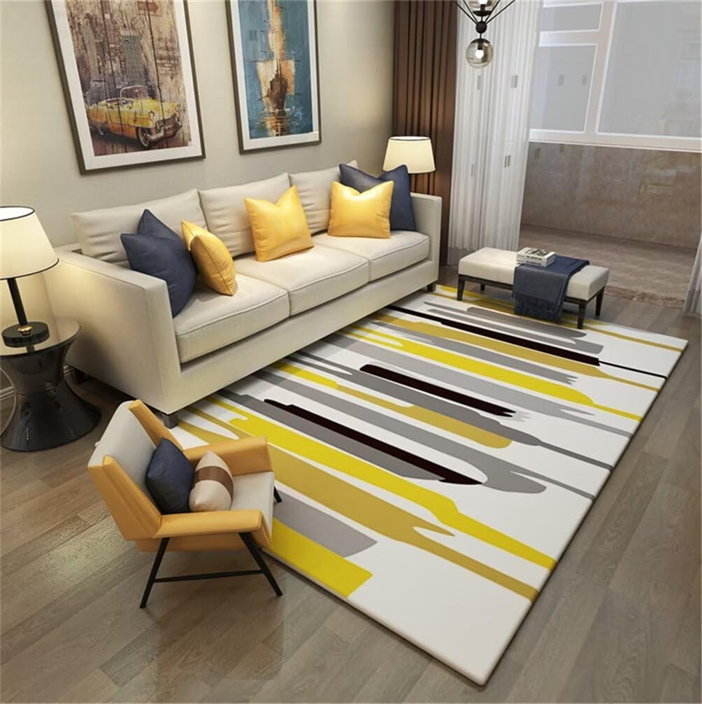Tapis facile d'entretien 100x160cm jaune à rayures pour salon et salle à manger