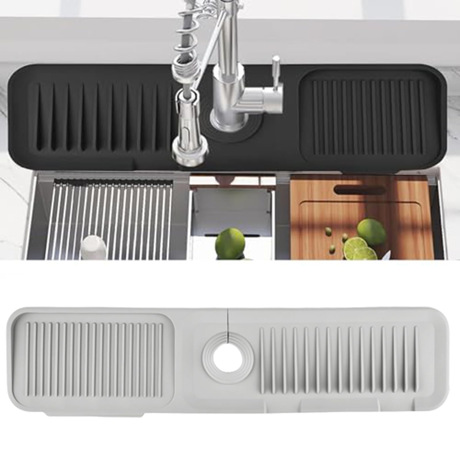14.6in Kitchen Sink Splash Guard Faucet Mat, 5° Slope Sink Water Splash Guard, Silicone Faucet Draining Mat Faucet Splash Guard for Kitchen & Bathroom Countertop