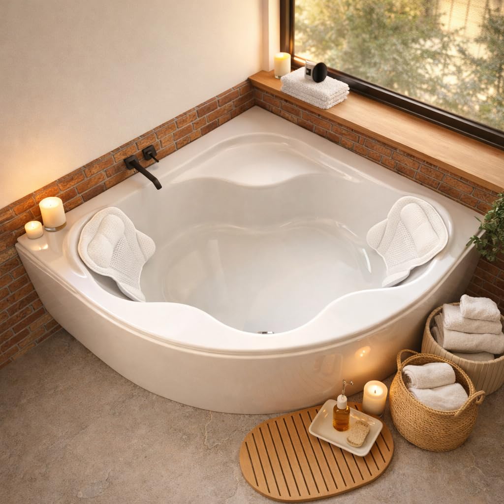 ECOLAM Baignoire d'angle symétrique SELMA 140 x 140cm + tablier en acrylique | oreiller Mare | pieds siphon | set complet