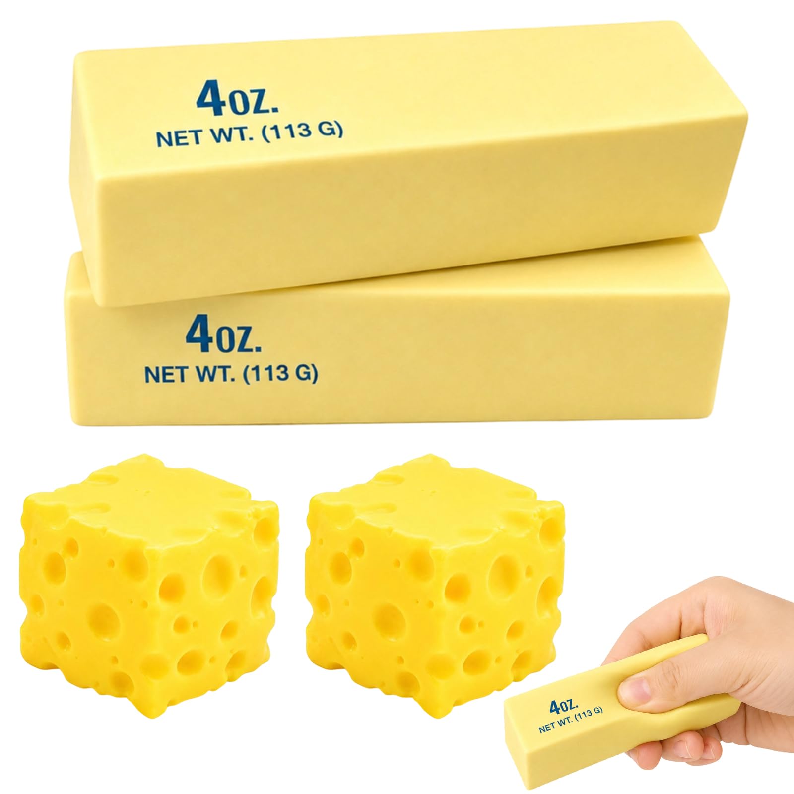 JaiZvt Butter and Cheese Fidget, Squishies, 4pcs Set Squishies Cheese and Butter Squishie Stress Relief Sensory Toys For Office and Classroom With Two Butter Sticks and Two fidget Cheese Blocks