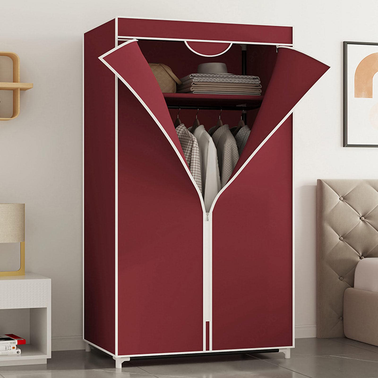 Kleiderschrank aus Segeltuch, tragbare Kleiderschrankregale mit Kleiderstange, Regale, Stoffbezug, Aufbewahrungsorganisator für Kleiderschränke,Red-155x70x45