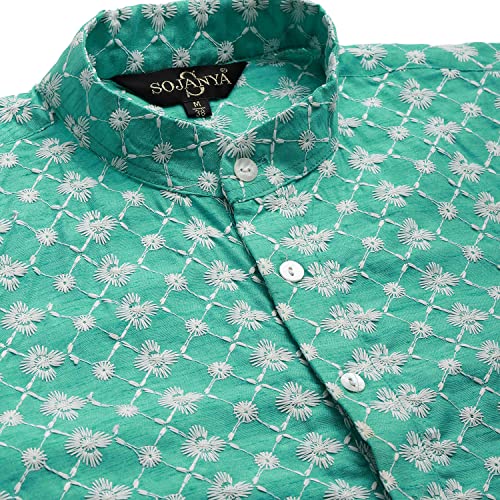 Image of SOJANYA (Since 1958 Men's Silk Blend Light Green Kurta & Nehrujacket with White Pyjama Combo