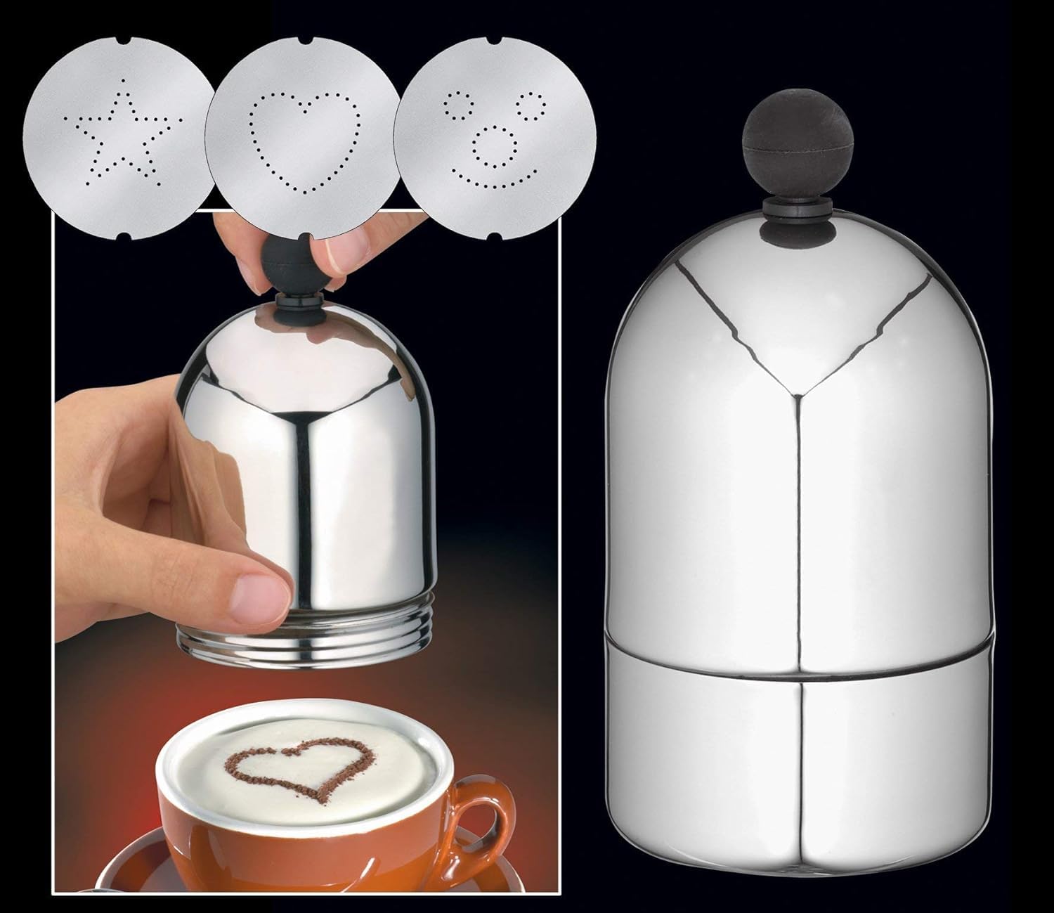 cilio Kakaostreuer mit 3 Schablonen, rostfreier Edelstahl, für Cappuccino | Dekorierstreuer, 3 Muster-Schablonen, für Latte Macchiato, für Gebäck, rostfreier Edelstahl, spülmaschinenfest