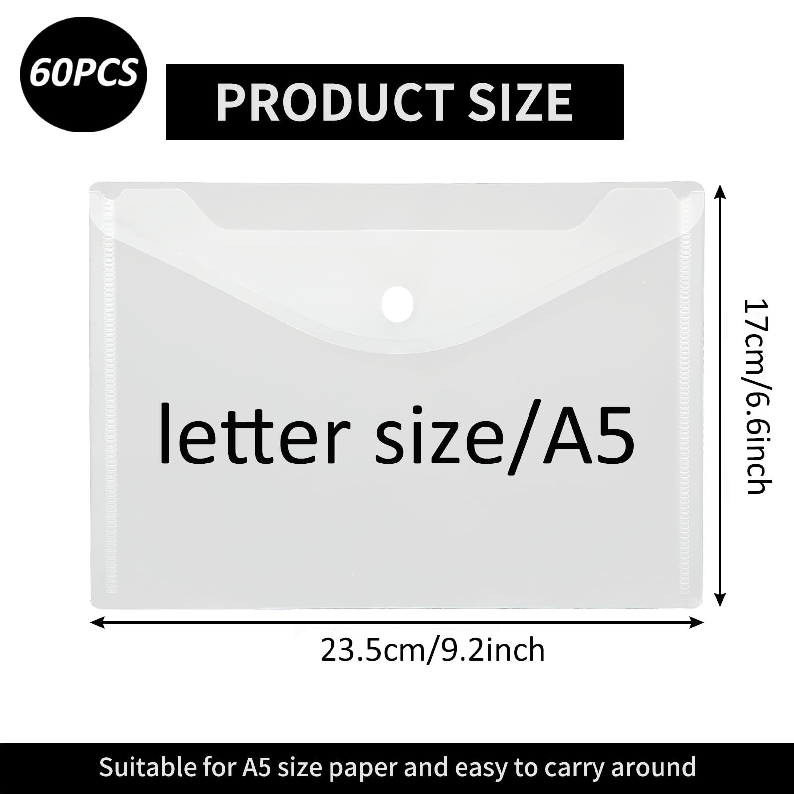 ASelected Lot de 60 Pochette Plastique A5, Transparente Pochette avec Rabat, Pochettes à Bouton Pression A5 Porte Document - 235×170 MM