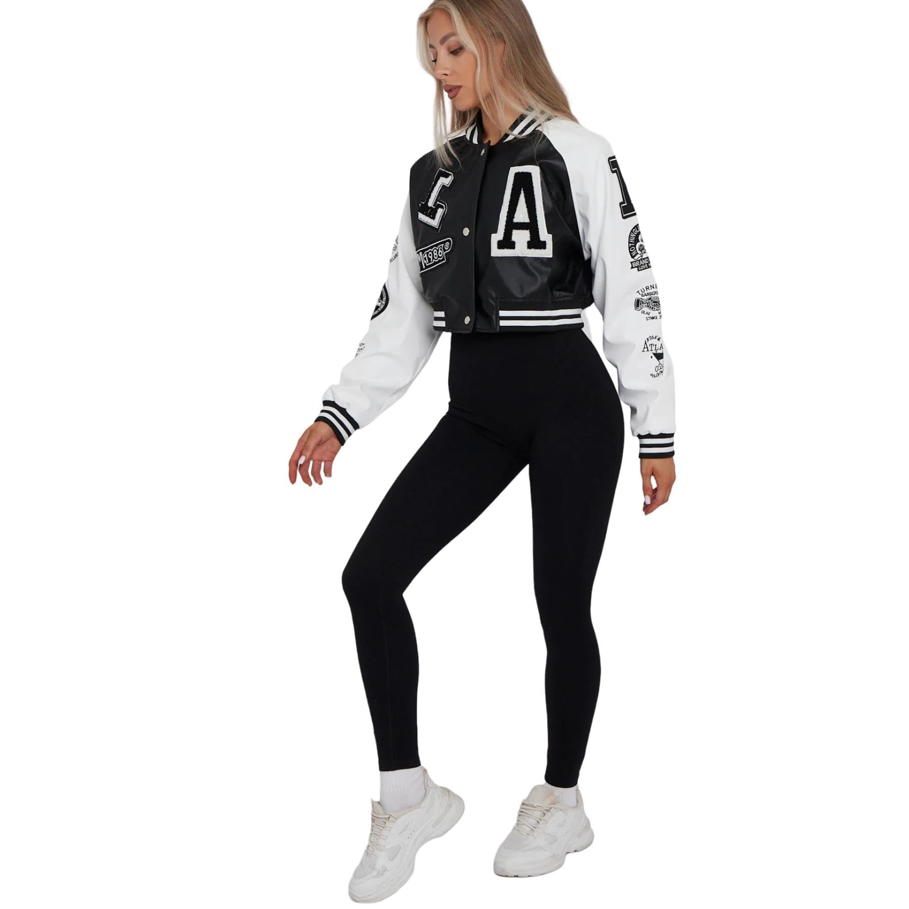 janisramone Cropped-Lederjacke für Damen mit Buchstaben-Details an Armen und Vorderseite, Kunstleder-Bomberjacke für Sport und Freizeit