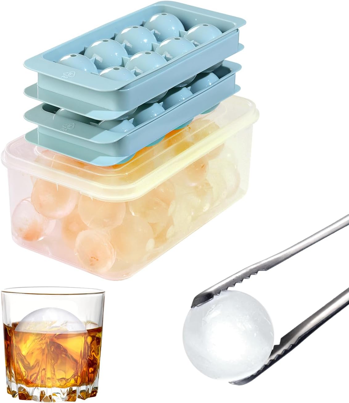 Ice Cube Trays for Freezer - Large Ice Cube Molds, Stackable Big Ice Mold with Lid and Bin, Round Ice Cube Maker for Whiskey, Cocktails and Homemade Drinks, Easy Release BPA Free (1.7in/16balls)