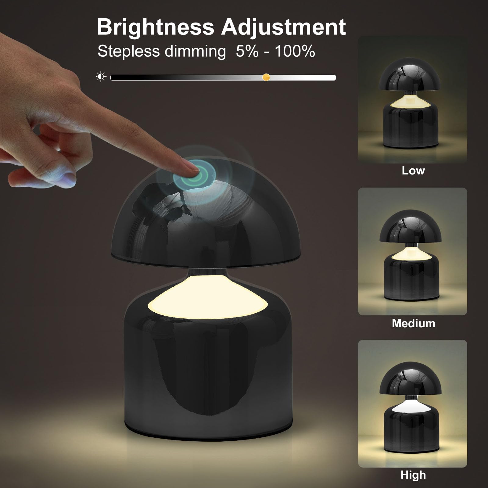 SAIWEYA Moderne schnurlose Pilz-Tischlampe, dimmbare Touch-Batterie | 3-Wege-Dimmbar, Mini Wiederaufladbare LED-Schreibtischlampe, Nachtlicht, Nachttischlampen für Schlafzimmer, Wohnzimmer
