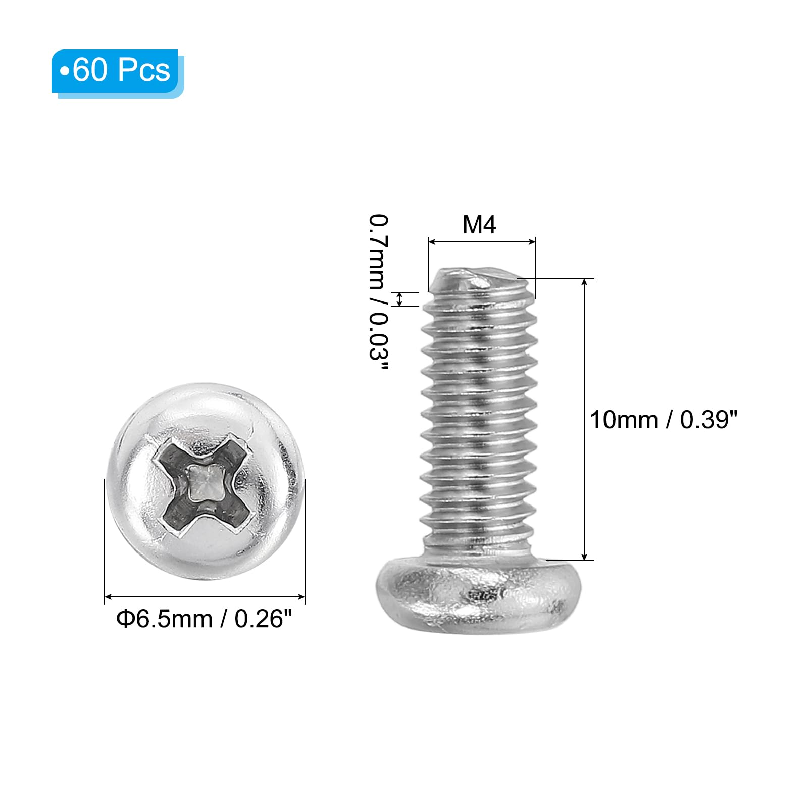 PATIKIL Phillips Pan Head Screws, 60 Pack M4-0.7 x 10mm 304 Stainless Steel 18-8 Full Thread, Pan Head Machine… - Image 2