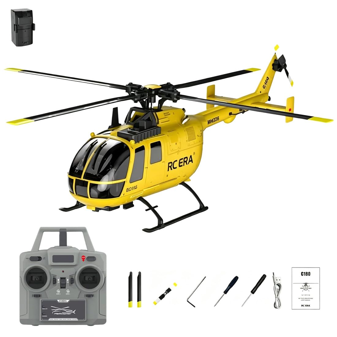 C180 BO105 6CH Remote Control Helicopter, 1:25 Scale 2.4G 6-Axis Gyro Brushless Motor RC Helicopter with Barometric + TOF Radar Dual Altitude Hold & Optical Flow Positioning - Yellow/1 Battery