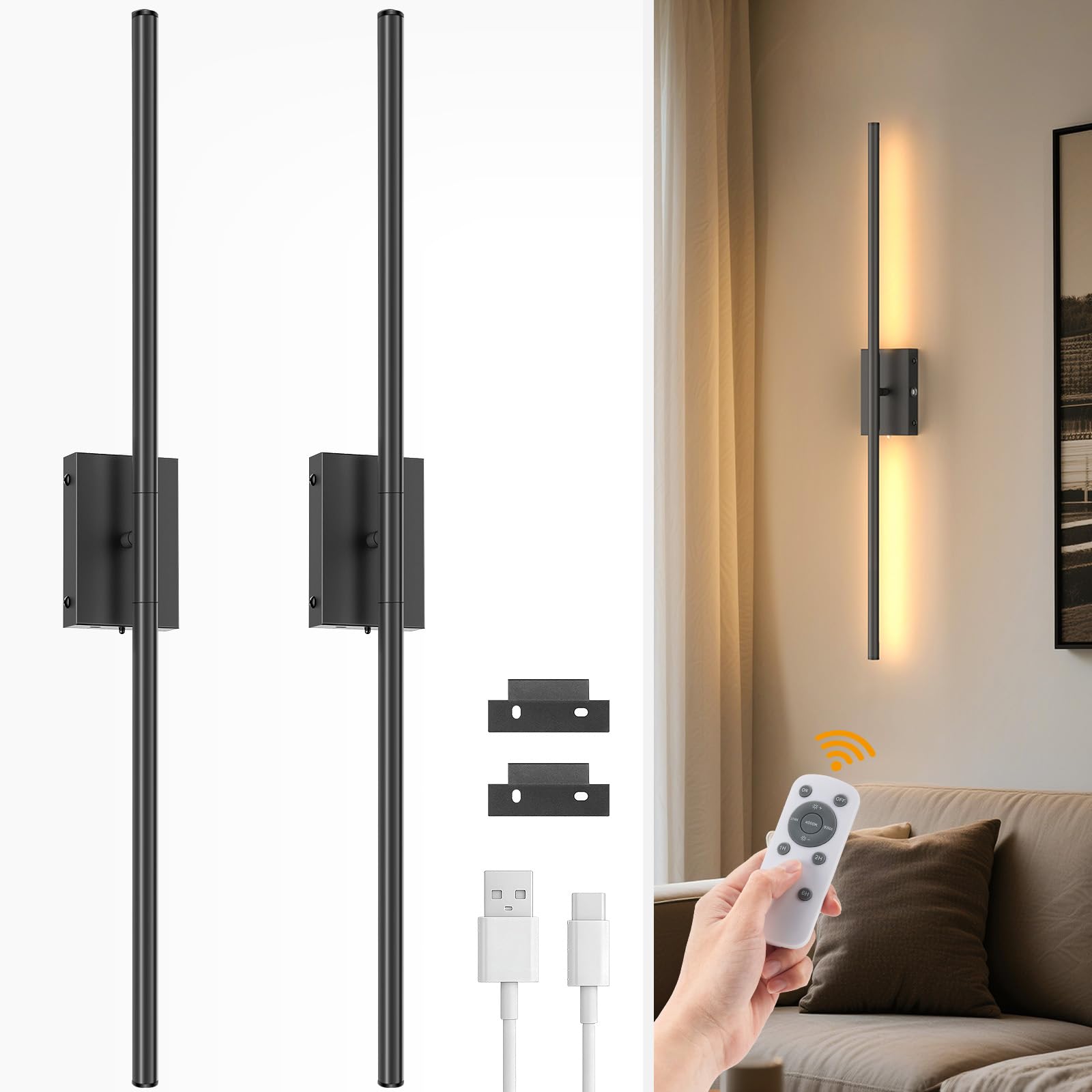 NIORSUN 86CM Battery Operated Wall Lights, Black Rechargeable Wall Lights with Remote, 3 Color Temperature Dimmable Wireless Wall Light, Detachable Wall Sconces for Living Room Bedroom Hallway