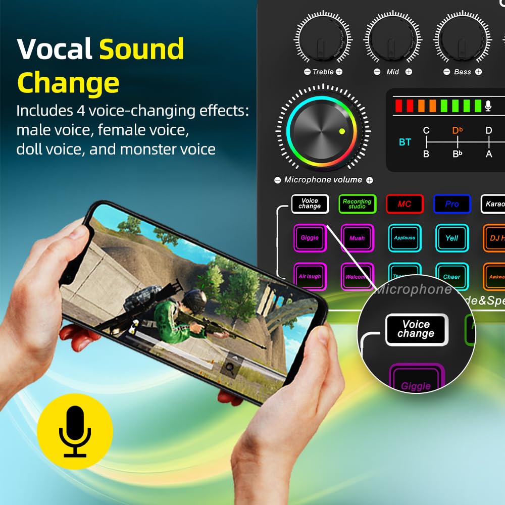 F999X Carte son en direct, mixeur audio professionnel et réduction du bruit, réglage électronique de la musique et affichage de la batterie, interface audio et changeur de voix, effets RVB, mixeur DJ