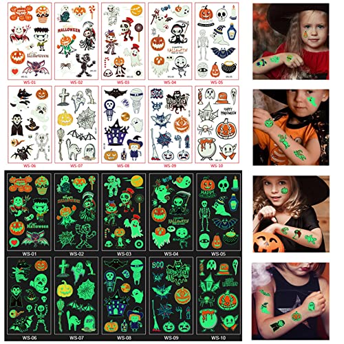 TiegYurt 10 Hojas de Tatuajes Temporales Halloween para Niños, Halloween Luminous Glow Tattoos Pegatinas Impermeables para la Fiesta de Halloween Decoración Suministros Cover