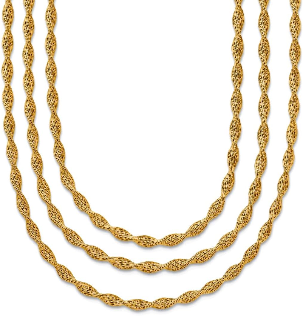 JewelryWeb 7.8mm 14k Solid Yellow Gold Polished Fancy Twisted Chain 3-strand Necklace 17 Inch Strand Necklace for Women and Men