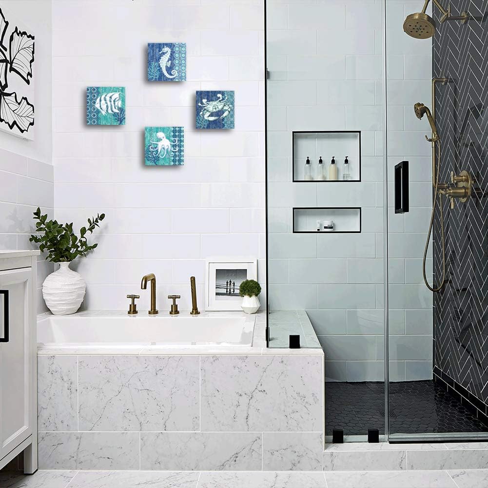 Buy Ocean Life Theme Canvas Wall Art For Bathroom Decor Seahorse Octopus Crab Fish Underwater World Pictures Prints Navy Blue Painting Framed Artworks For Bedroom Decoration Online In Indonesia B089sv2lj2