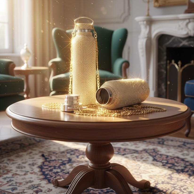 Gold Bling Water Bottle Bedazzled with 5000 Rhinestones & Crossbody Gold Chain, 25oz Stainless Steel Vacuum Insulated Tumbler, Leak Proof, Keeps Drinks Cold 24h and Hot 6h - Image 9