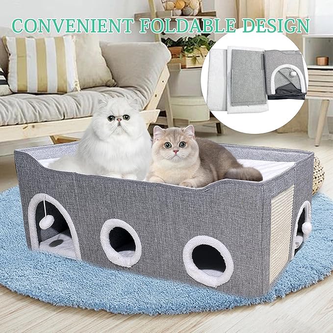 Large Cat House for Indoor Cats, Cat Cave Bed for Large Pet Cats, Foldable Cat Hideaway with Scratch Pad, Covered Cat Bed (grey, XXL)
