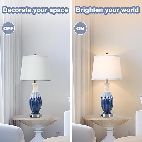 Miniatura 6 de Juego de 2 lámparas de mesa de 28 pulgadas de alto, lámparas de noche de cerámica azul marino con puertos USB, lámpara costera con pantalla de tela