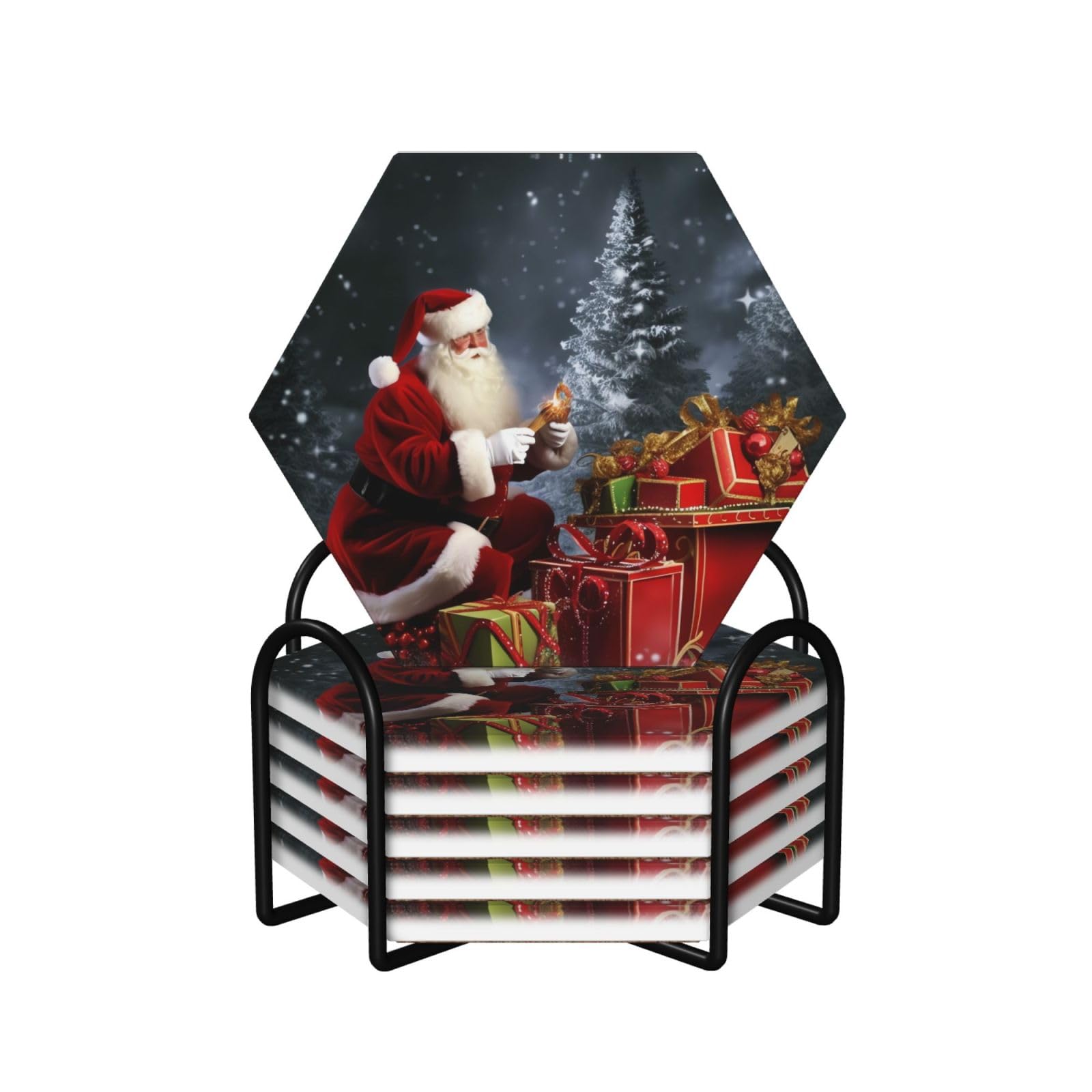 6Pcs Ceramics Coaster for Drinks, Merry Christmas Cup Coasters with Holder, Aesthetic Drink Coasters for Coffee Table, Absorbent Round Coaster for Tabletop Protection 4" Cup Mat Pad