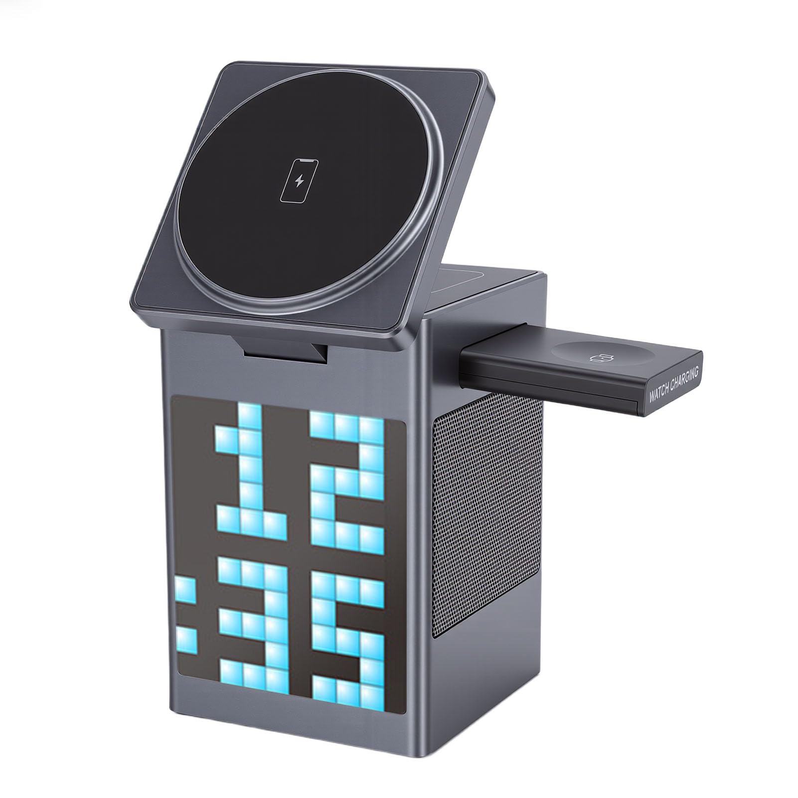 Generic 6 en 1 Cargador Inalámbrico Bluetooth Altavoz Pantalla Píxeles Despertador para Usuarios de Teléfonos iOS Metal