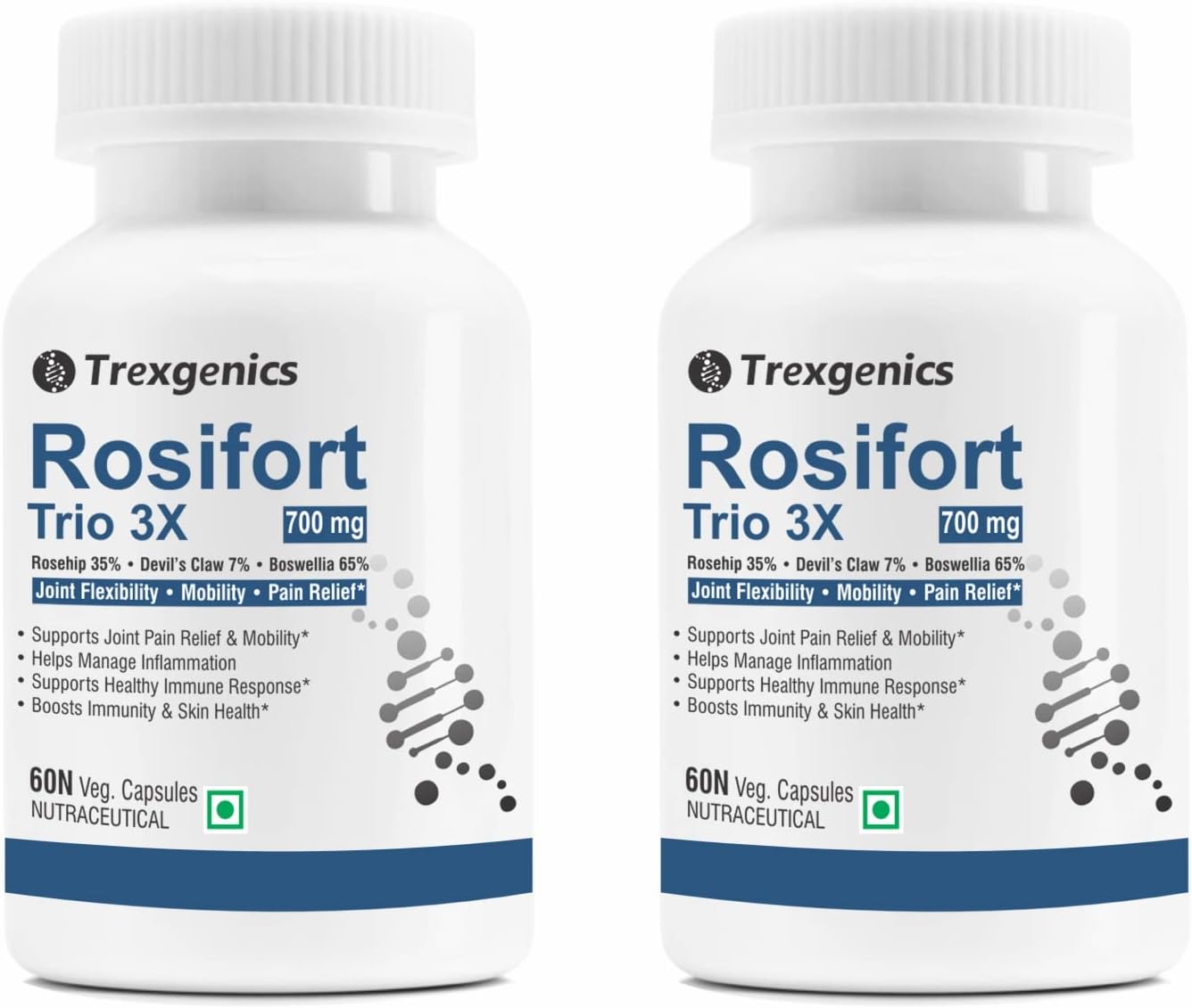 ROSIFORTE TRIO Rosehip, Boswellia, Devil's Claw 700 mg Joint Pain & Inflammation Support VEGAN & NON-GMO (60 Veg. Capsules) (Pack of 2)