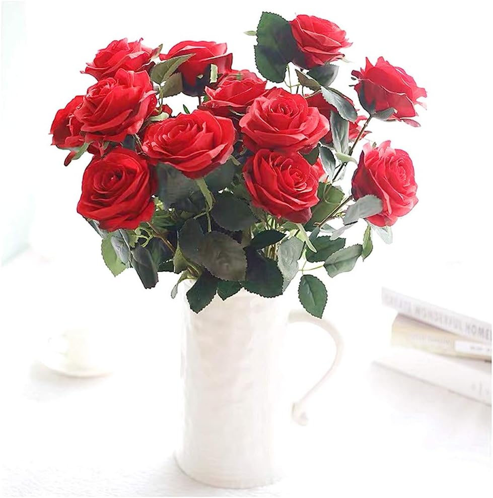 Jasion Artificial Roses 10 Heads Faux Flower Arrangement Silk Bouquet for Home Office Parties and Wedding Decoration (Red) - Image 2